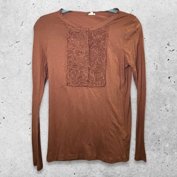 J.Crew Blouse Long Sleeve Scoop Neckline Lace Front Panel Soft Rust Brown Small - Picture 1 of 10
